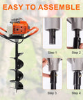 Assembly steps for Gas Powered Post Hole Digger Workhorse With 72cc Engine 2 Stroke Auger and drill bits.
