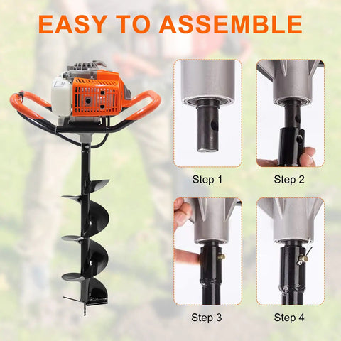 Assembly steps for Gas Powered Post Hole Digger Workhorse With 72cc Engine 2 Stroke Auger and drill bits.