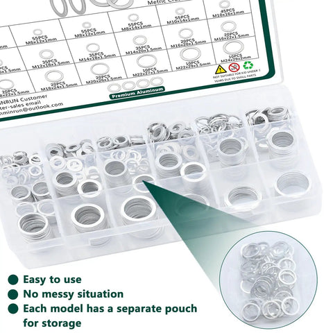 Oil Drain Plug Gasket Kit With 18 Size Aluminum Crush Washers, 1-2mm Thick, M6 To M24 in organized storage box