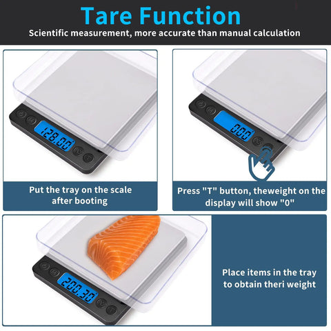 Digital Gram Scale 1000G Capacity With 0.01G Increments, Beastly Accurate Kitchen Scale showcasing tare function with salmon on tray