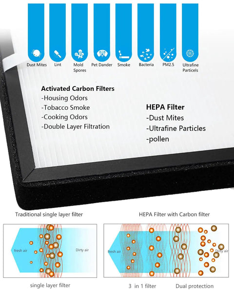 Diagram showing filtering capabilities of 2-Pack GL-FS32 Replacement Filter With 3-In-1 H13 True HEPA Filtration for VOCs and dust.