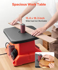 Heavy Hitter Benchtop Oscillating Spindle Sander With 2400 RPM Drive And Six Quick Change Sleeves on a spacious 15.4 x 16.3 inch worktable.