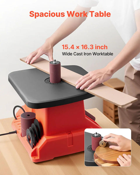 Heavy Hitter Benchtop Oscillating Spindle Sander With 2400 RPM Drive And Six Quick Change Sleeves on a spacious 15.4 x 16.3 inch worktable.