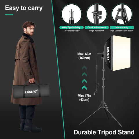 Man holding portable Softbox Photography Lighting Kit with 16x16 Pull Soft Box, 50W 3000K to 6000K LED Bulb, on durable tripod stand