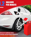 Portable Fuel Transfer Pump With Auto Stop Sensor 3.2 GPM 51 Inch Hose refueling a car from a red gas can.