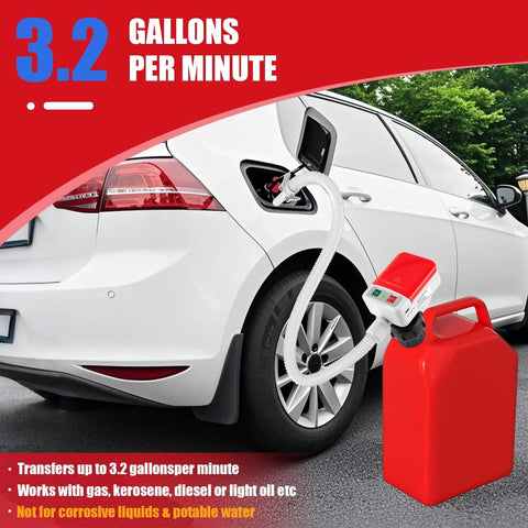 Portable Fuel Transfer Pump With Auto Stop Sensor 3.2 GPM 51 Inch Hose refueling a car from a red gas can.