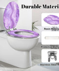 Elongated Abstract purple liquid marble watercolor glitter Toilet Seat on a toilet with stainless steel hinges and protective bumpers.