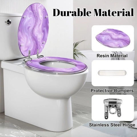 Elongated Abstract purple liquid marble watercolor glitter Toilet Seat on a toilet with stainless steel hinges and protective bumpers.