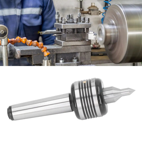 MT4 Live Center with straight shank in use on lathe, showing pro grade ball bearing assembly and high carbon steel spindle replacement.