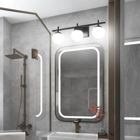 Dope Mid Century Modern Bathroom Vanity Lights Matte Black With Milky Glass Over Mirror Three Light Wall Sconce