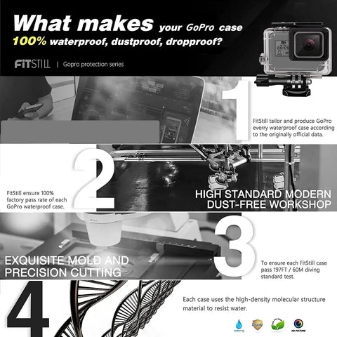 Infographic showing durability and precision benefits of underwater waterproof housing for GoPro Hero 5 6 7 and 2018 Black