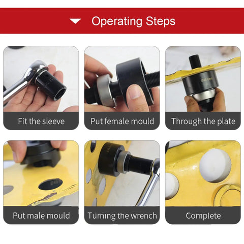 Operating steps for Beefy Heavy Duty Manual Punch Kit With Ratchet For Sheet Metal, showing sleeve fit and mold setup.