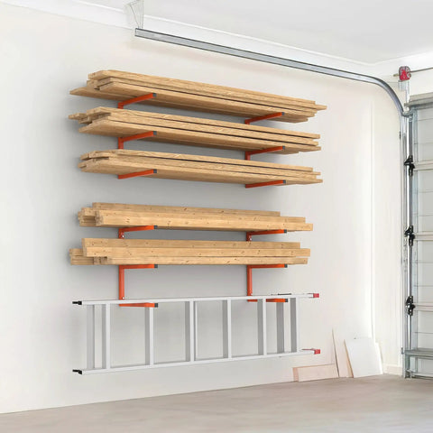 Wall-mounted lumber storage rack in garage, steel with orange accents, holding wood planks and ladder, space-saving solution.