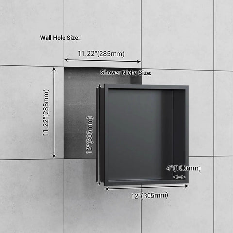 Brushed Stainless Steel Shower Niche With No Tiling Required, Recessed Bathroom Storage, 12 By 12 By 4 Inches dimensions shown