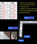 Heavy Duty Stainless Steel Patio Water Drain Channel Kit With Right Angle Grate For Concrete Floors shown in technical diagram with dimensions and installation example.