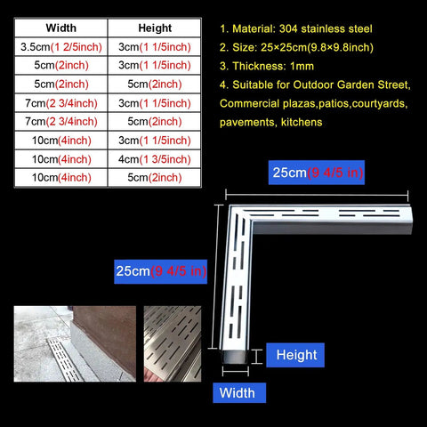 Heavy Duty Stainless Steel Patio Water Drain Channel Kit With Right Angle Grate For Concrete Floors shown in technical diagram with dimensions and installation example.