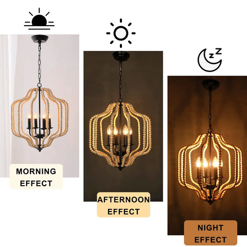 Wood Beaded Chandelier With Four Candle Style Lights For A Cozy Farmhouse Boho Vibe Rustic Ceiling Fixture with morning, afternoon, and night light effects.