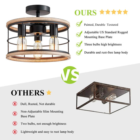 Industrial Farmhouse Dope Semi Flush Mount Ceiling Light Fixture With White Wood Grain Metal Cage comparison chart