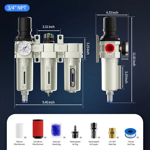 Badass High Flow 3/4 Inch NPT Air Compressor Dryer System dimensions and features for auto shops and plasma cutters.