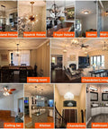 Home lighting examples including chandeliers, ceiling fans, pendant lights, and wall sconces in various room settings.