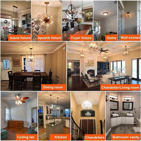 Home lighting examples including chandeliers, ceiling fans, pendant lights, and wall sconces in various room settings.