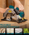 Side view of Enventor corded circular saw with blue body cutting wood on a workbench.