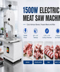 Massive 1500W Jam Free Commercial Meat Band Saw tears frozen blocks and hard bones on a stainless steel work table.