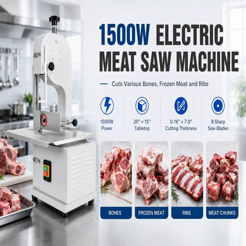 Massive 1500W Jam Free Commercial Meat Band Saw tears frozen blocks and hard bones on a stainless steel work table.