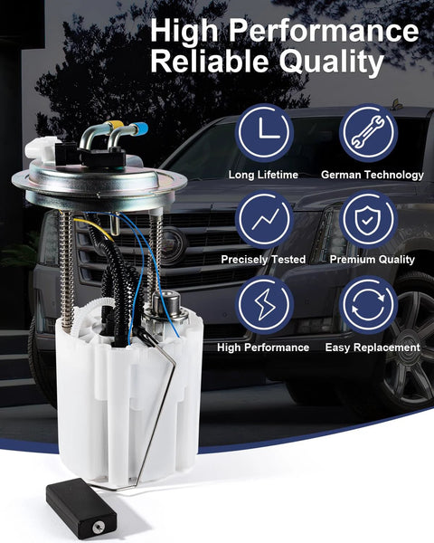 Fuel Pump Module Assembly With Pressure Sensor O Ring For 2008 To 2014 Chevy Avalanche Suburban 1500 GMC Yukon XL 1500 Cadillac Escalade ESV EXT V8 5.3L 6.2L Replacement Plug N Play front view with product features listed