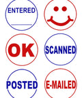 No Fuss Self Inking Stamp Kit With Two Boss Grade Rubber Office Stamps featuring red and blue prints of various labels.