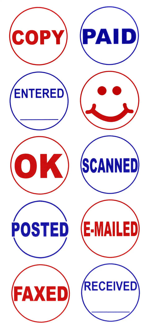 No Fuss Self Inking Stamp Kit With Two Boss Grade Rubber Office Stamps featuring red and blue prints of various labels.