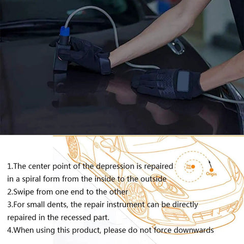 Hand using Car Dent Repair Tools Auto Body Dent Puller Paintless Repair Kit Induction PDR Heater Hotbox on car hood
