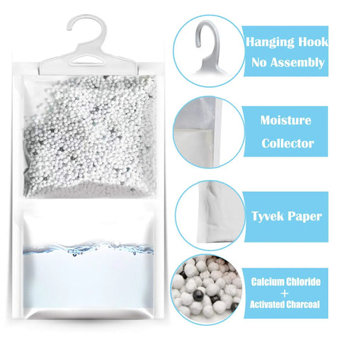Image of 6 Pack Moisture Absorber And Odor Eliminator Hanging Bags For Closets, showing calcium chloride and activated charcoal contents.