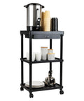 Three Tier Rolling Utility Cart With Secure Locking Casters, versatile kitchen storage with beverage station setup in matte black.