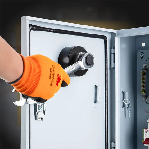 Manual Knockout Hole Punch Kit For Electrical Conduit From Half Inch To Two Inch being used on metal panel