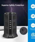 16Ft Power Strip Tower with 12 outlets and 5 USB ports, ETL certified surge protector with lightning background and safety features