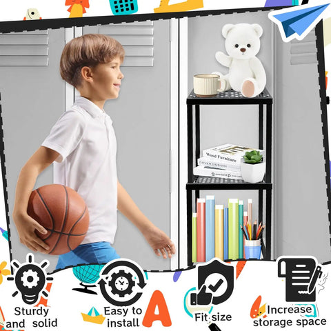 Locker Organizer Shelf Black Stackable Metal Shelf For Standard Lockers And Cabinets with books and teddy bear display