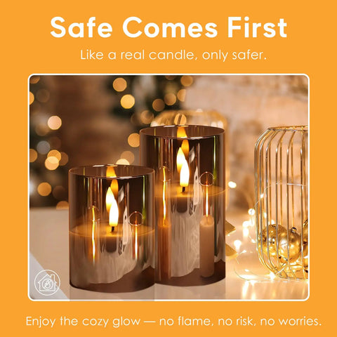 Smoke Grey Glass Flameless Pillar Candles With Remote Control And Flickering LED Battery Candles Set Of 3 in a cozy setting