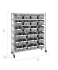 7-Tier NSF 21-Bin Steel Wire Shelving Rack With 48 W X 14 D X 56 H Gray Adjustable Leveling Feet Removable Gray Bins, front view with dimensions