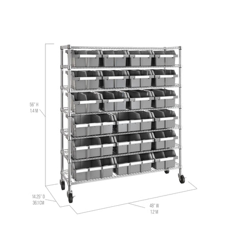 7-Tier NSF 21-Bin Steel Wire Shelving Rack With 48 W X 14 D X 56 H Gray Adjustable Leveling Feet Removable Gray Bins, front view with dimensions
