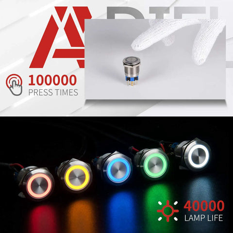 22mm Latching Push Button Switch 12V Angel Eye Ring Light LED Waterproof Stainless Steel Round Metal Self Locking 1NO 1NC 1 Pack Blue for dash panels