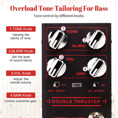 Bass Overdrive Pedal With Blend Dial For Clean Mix And Edge Mid And Gain Boost Switches Tone Volume And Gain Knobs True Bypass Built For Punchy Low End And Saturated Grit Double Thruster R28 with labeled controls for tone shaping