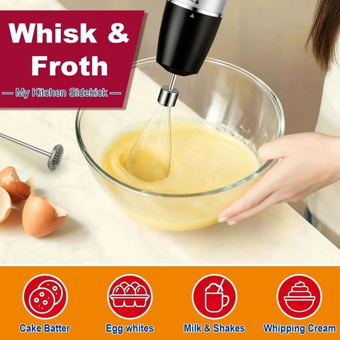 Heavy Duty Handheld Immersion Blender Featuring A Badass 1100 Watt Motor And Zero Fuss Variable Speed Control For Perfect Pureeing Ice Crushing And Whisking Tasks While Keeping Life Smooth, whisking batter in glass bowl.