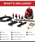 Little Red Portable Canister Vacuum Boasts Two Quart HEPA Filter And Variable Speed Motor For Crushing Dust And Grime Like A Total Champ On Every Floor Surface Today, with accessories including hose and nozzles.