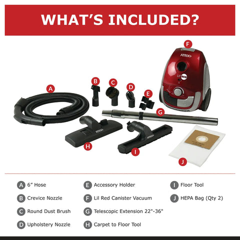 Little Red Portable Canister Vacuum Boasts Two Quart HEPA Filter And Variable Speed Motor For Crushing Dust And Grime Like A Total Champ On Every Floor Surface Today, with accessories including hose and nozzles.