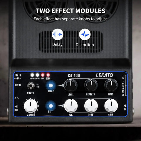 Front panel of Portable 20W Rechargeable Guitar Amp With Distortion And Delay Effects, Bluetooth Ready, Dual 10W Speakers