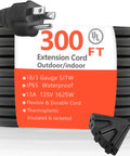 Image of 300 Ft Outdoor Indoor Extension Cord With 3 Outlets Heavy Duty 16 Gauge 3 Conductor 125V 13A SJTW