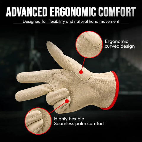 Beefy Leather Work Gloves 12 Pairs Sold By The Dozen, Split Cowhide With Keystone Thumb showing ergonomic design and palm comfort.