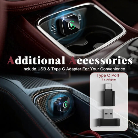 Upgrade Your Daily Grind With This Legit Wireless CarPlay Dongle For Tesla Cybertruck 2024 showing USB and Type C adapter in a car console