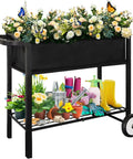 Raised Garden Bed On Wheels With Legs 31 Inch Elevated Outdoor Planter Cart For Vegetables Flowers Tomatoes Herbs Ergonomic Design Movable Garden Bed With Heavy Duty Handle Black, filled with flowers and garden tools below